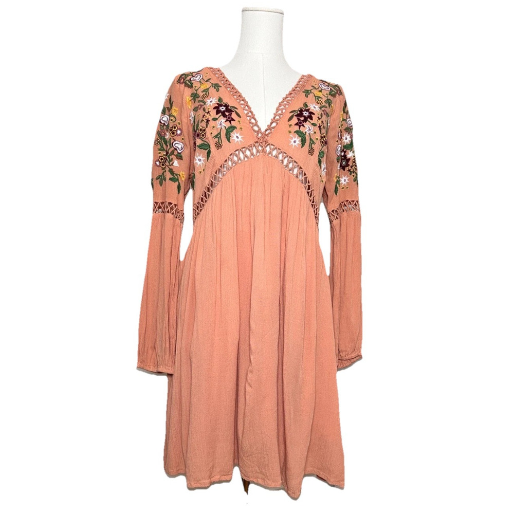Altar'd State Embroidered Tie Back Flowy V Neck Long Sleeve Mini Dress Medium